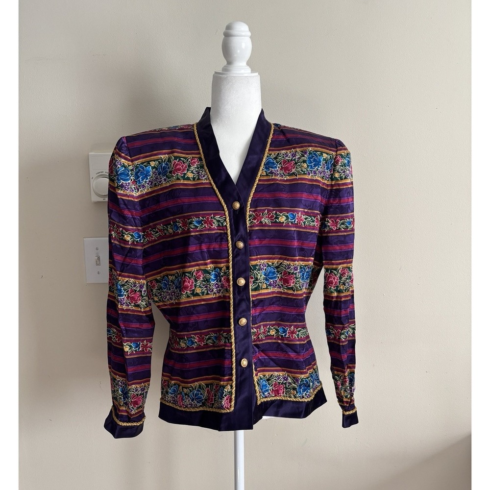 Vintage 80s Adrianna Papell SILK Jacket Womens 14 Large Shoulder Pads Power Suit